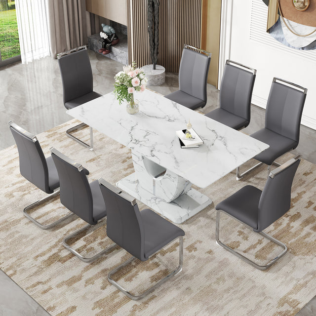 Table and chair set.Modern Simple Marble Pattern Dining Set - 71'x35.4' Table with 8 Dark Gray PU Chairs.White marble pattern sticker,Tempered glass tabletop,Featuring Arched Silver Metal Chair Legs.