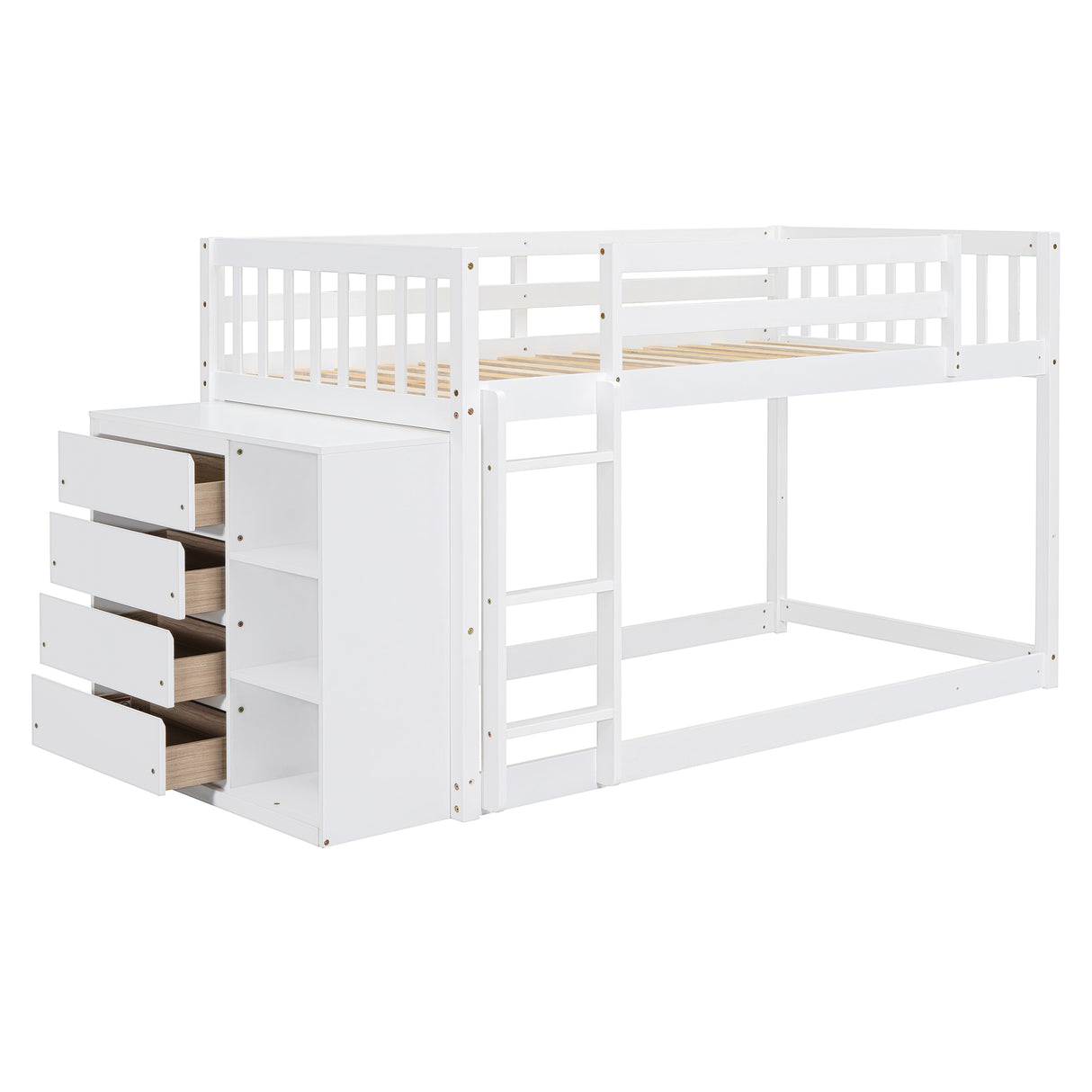 Twin Over Twin Bunk Bed with 4 Drawers and 3 Shelves - White Solid Wood Frame