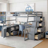 Full Size Loft Bed with 7 Drawers 2 Shelves and Desk - Gray