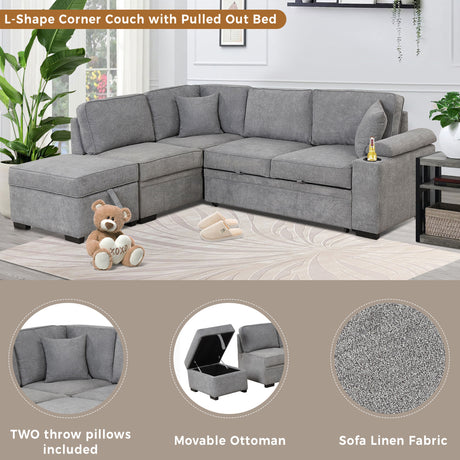 Modern Sleeper Sofa Bed with Storage Ottoman, Gray Linen, 84.75' L Shape Couch for Living Room or Apartment - sold by Home Elegance USA