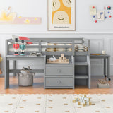 Twin Size Loft Bed with Desk and Drawers, Wooden Loft Bed with Lateral Portable Desk, Gray - Home Elegance USA