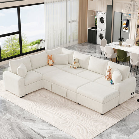 Cream Tweed Chenille Sectional Sofa with Pull-out Bed and Storage Ottoman, 112.2' for Living Room - sold by Home Elegance USA