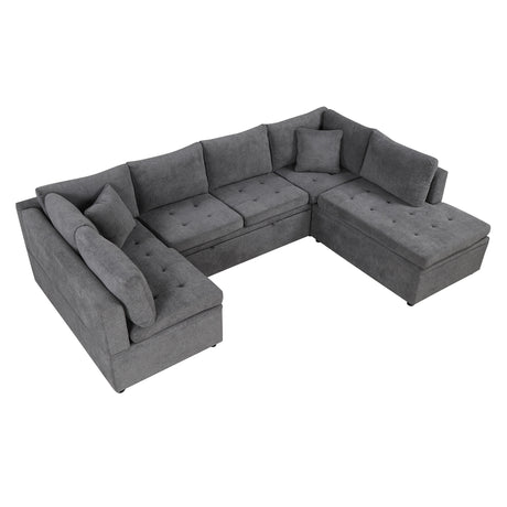 Oversized Sectional Sofa U-shaped Couch Pull-out Sofa Bed with Two Throw Pillows Gray Chenille 117.3' - sold by Home Elegance USA