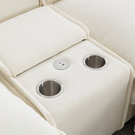 Chenille Upholstered Sectional Sofa with Removable Ottoman, USB Ports, Cup Holders, and Storage, Beige, 111' - sold by Home Elegance USA