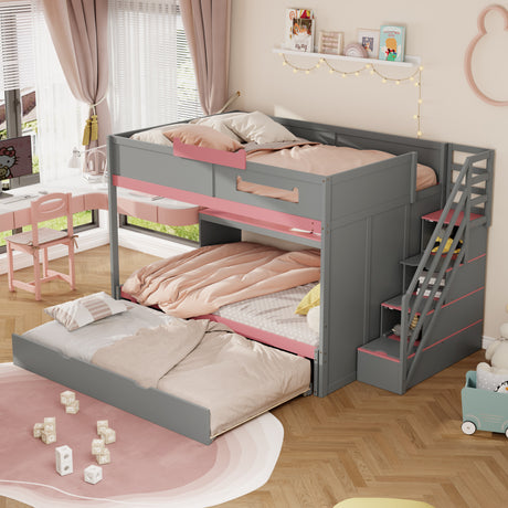 Full Over Full Bunk Bed with Twin Size Trundle and Staircase, Shelves, LED,Gray - sold by Home Elegance USA
