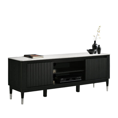 Contemporary Style TV Console Sintered Stone Top Silver Capped Arrow Legs Open Shelves Black And White Finish Primary Living Room - sold by Home Elegance USA