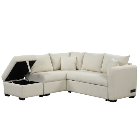 Modern L-shaped Sectional Pull Out Sofa Bed with USB Ports and Storage Ottoman, Beige, Jacquard Fabric, 82.6' - sold by Home Elegance USA