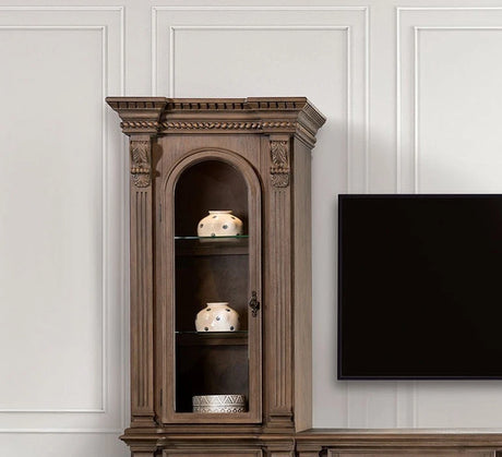 Traditional Style TV Console Base Entertainment Center With 6 Doors And 2 Drawers Carved Detail Design Dentil Moldings Reeded Posts Weather Oak Finish - sold by Home Elegance USA