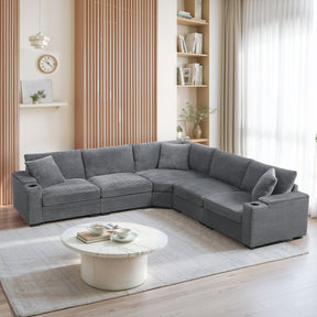 106' Convertible L Shaped Sectional Sofa,Corduroy Corner Couch with Armrest Storage,Cup Holders,USB Charger,Irregular Corner,Oversized Comfy Modular Sofa for Living Room,Apartment,2 Colors - sold by Home Elegance USA