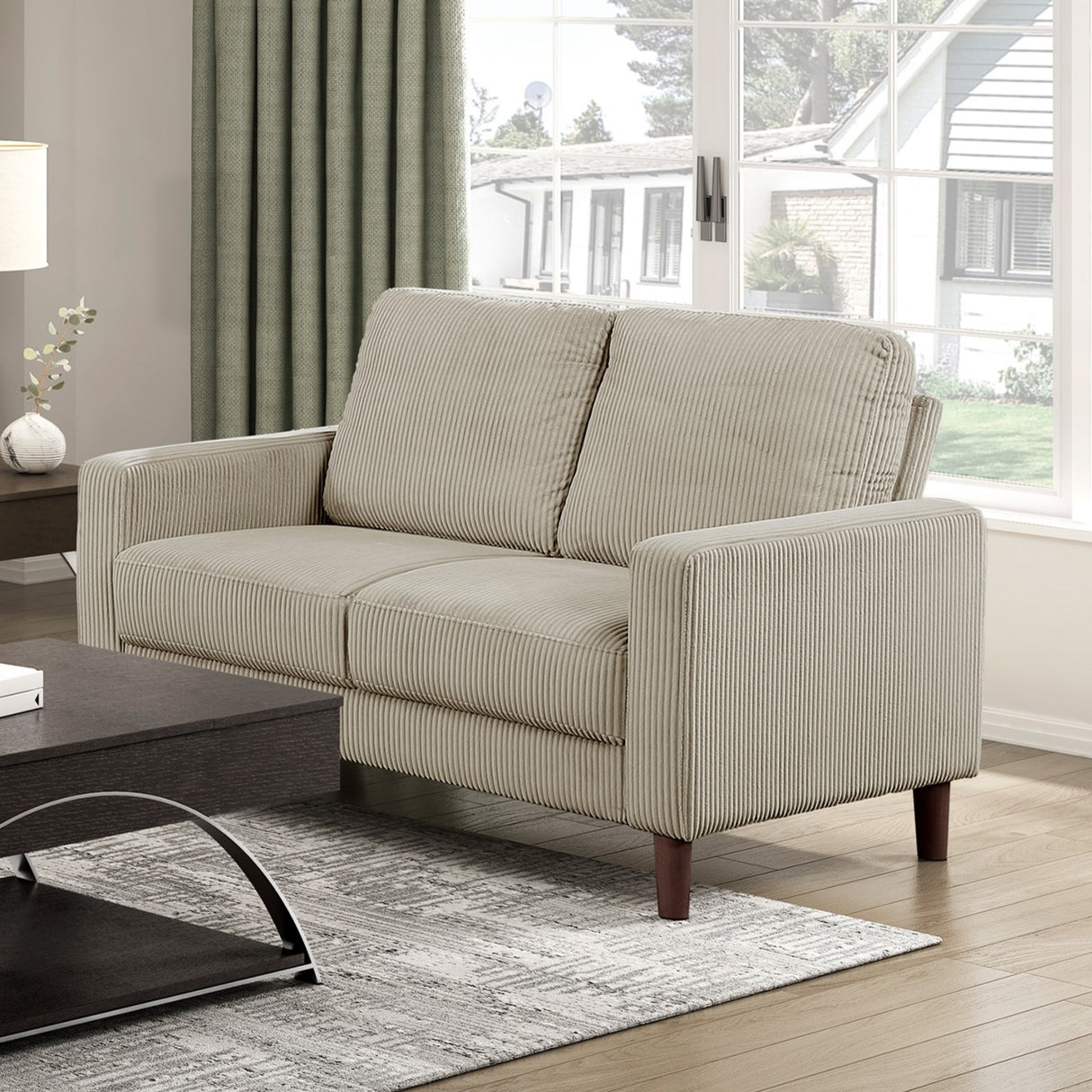 Modern Contemporary Taupe Corduroy Upholstered Loveseat Comfortable Cushion Solid Wood Living Room Furniture 1pc