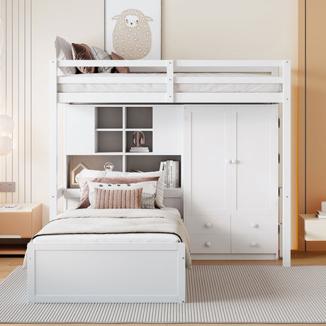 Twin Bunk Bed with Drawers, Wardrobe, Storage Shelves and Hydraulic Bed,White - sold by Home Elegance USA