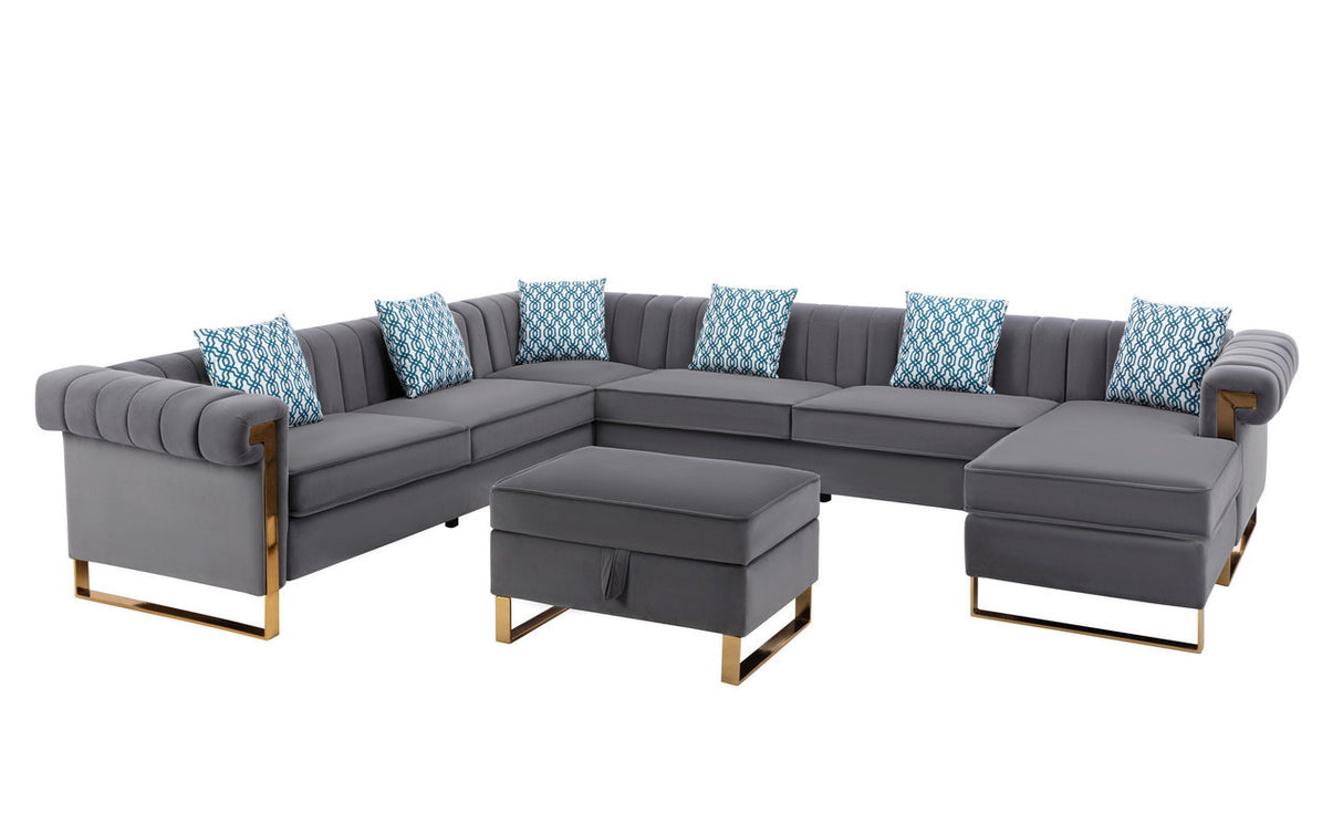 Maddie Gray Velvet 8-Seater Sectional Sofa with Reversible Chaise and Storage Ottoman - Home Elegance USA