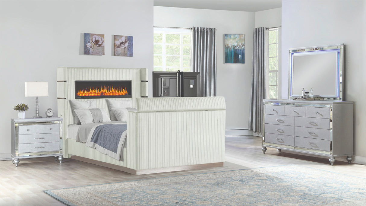 Lavish Modern Style 4 Pc King Bedroom Set Made with Fireplace in Headboard & TV stand in Footboard with Wood in Beige(CA INVENTORY)