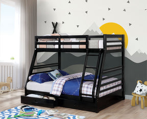 Twin Over Full Transitional Bunk Bed With Two Large Drawers Attached Ladder Made Of Solid Wood Black