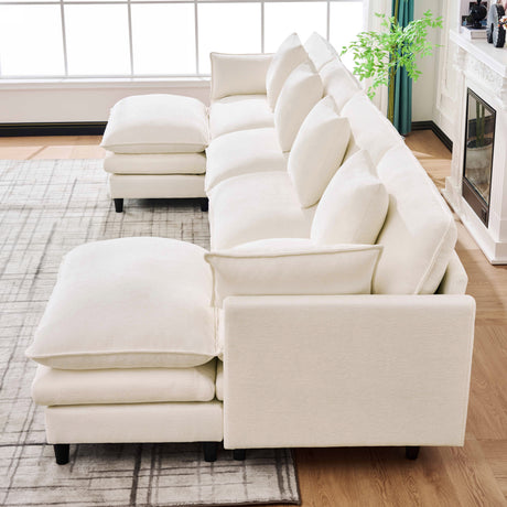 140.9-inch U-shaped modular sectional sofa, suitable for living room or bedroom. It comes with 2 movable ottomans, 4 cushions and 2 throw pillows. Made of soft cashmere fabric, in beige - sold by Home Elegance USA
