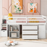 Full Size Loft Bed with Retractable Writing Desk and 3 Drawers, Wooden Loft Bed with Storage Stairs and Shelves, White(OLD SKU: LT000217AAK)
