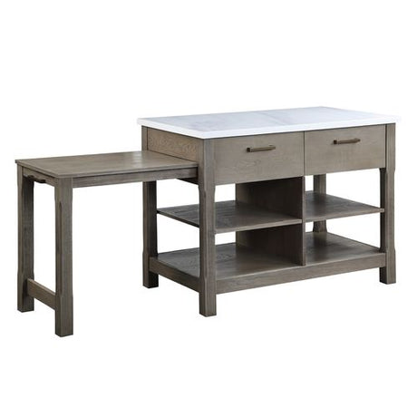 Acme - Feivel Kitchen Island W/Pull Out Table DN00307 Marble Top & Rustic Oak Finish