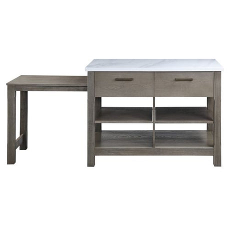 Acme - Feivel Kitchen Island W/Pull Out Table DN00307 Marble Top & Rustic Oak Finish