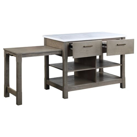 Acme - Feivel Kitchen Island W/Pull Out Table DN00307 Marble Top & Rustic Oak Finish