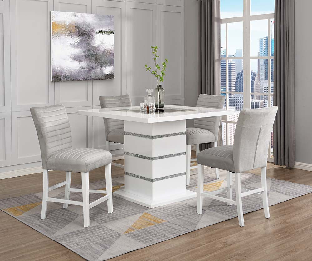 Acme - Elizaveta Counter Height Table W/Pedestal Base DN00817 Faux Crystal Diamonds & White  High Gloss Finish