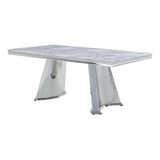 Acme - Destry Dining Table W/Engineering Stone Top & Pedestal Base DN01188 Engineering Stone Top & Mirrored Silver Finish
