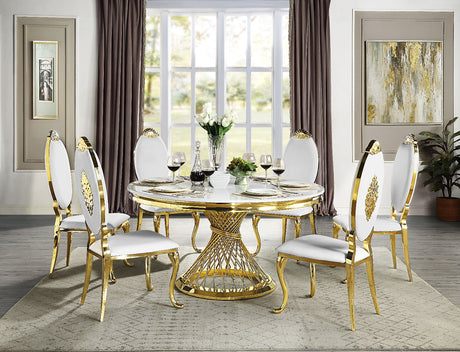 Acme - Fallon Dining Table DN01189 Engineered Stone, Top & Mirrored Gold Finish