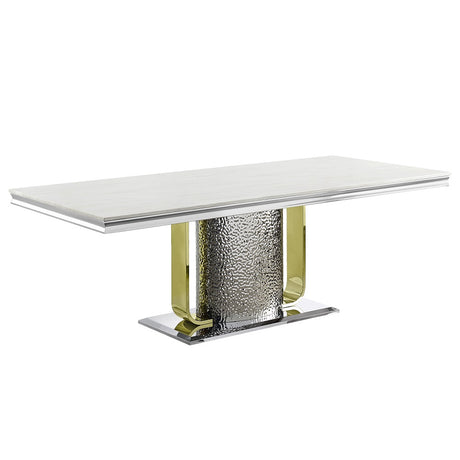 Acme - Fadri Dining Table W/Engineering Stone Top & Pedestal Base DN01952 Engineered Stone Top, Mirrored Silver & Gold Finish