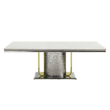 Acme - Fadri Dining Table W/Engineering Stone Top & Pedestal Base DN01952 Engineered Stone Top, Mirrored Silver & Gold Finish