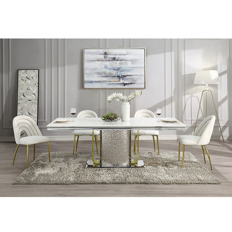 Acme - Fadri Dining Table W/Engineering Stone Top & Pedestal Base DN01952 Engineered Stone Top, Mirrored Silver & Gold Finish