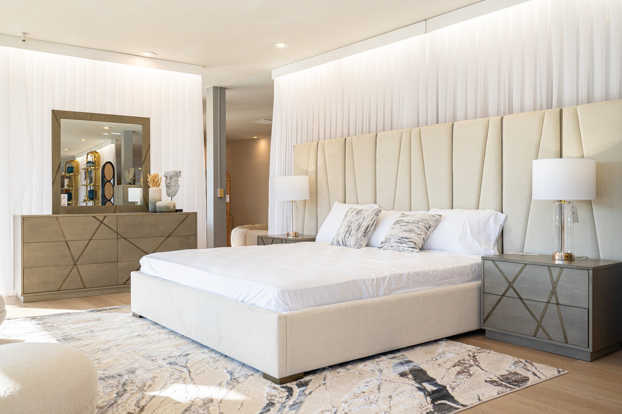 Nixa - Modern Beige Velvet + Brushed Bronze Bed-queen - View Image 1
