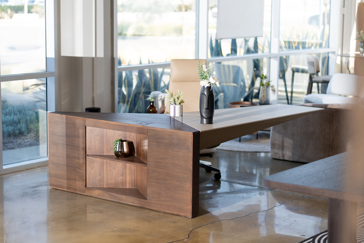Pilot - Modern Dark Walnut + Beige Leather Desk - View Image 1
