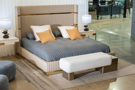 Queen Sterling Modern Beige Bonded Leather & Gold Bed