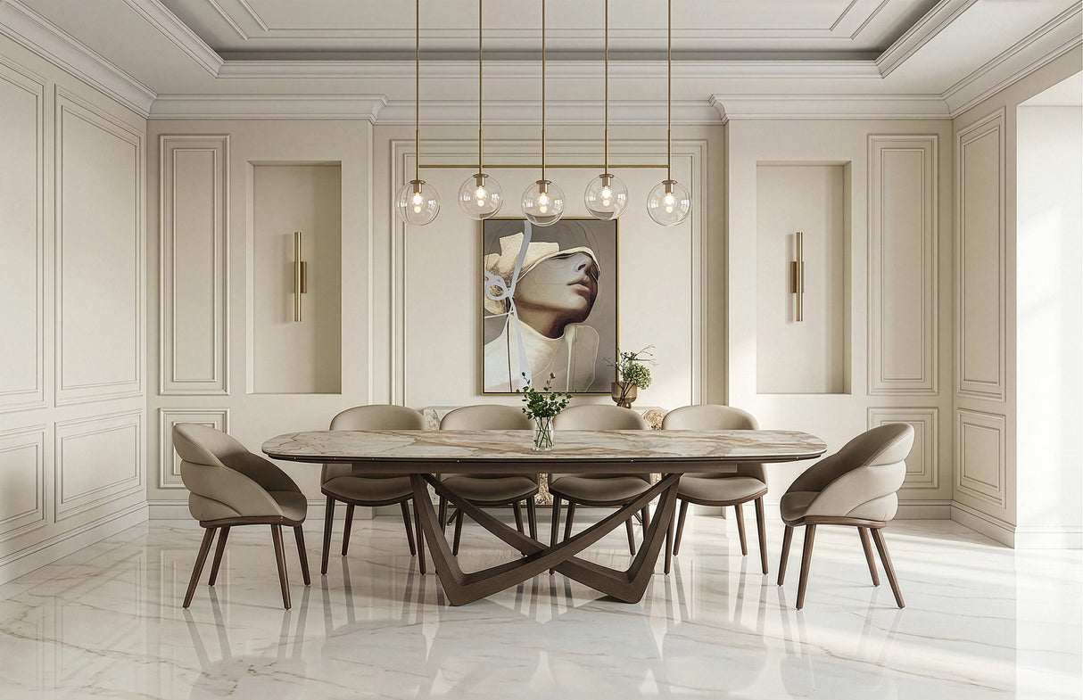 Dunster - Contemporary Beige Ceramic + Metallic Grey Extendable Dining Table - View Image 1