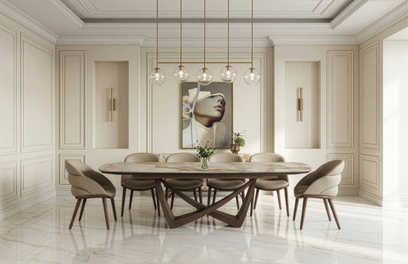 Dunster - Contemporary Beige Ceramic + Metallic Grey Extendable Dining Table - View Image 1