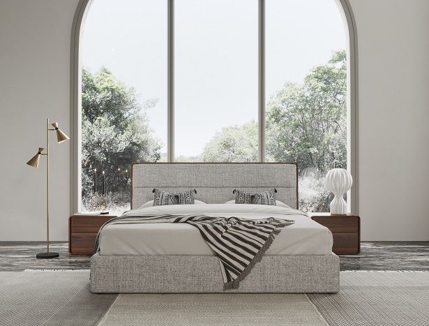 Dustin - Modern Grey Fabric & Walnut Trimmed EK Bedroom Set