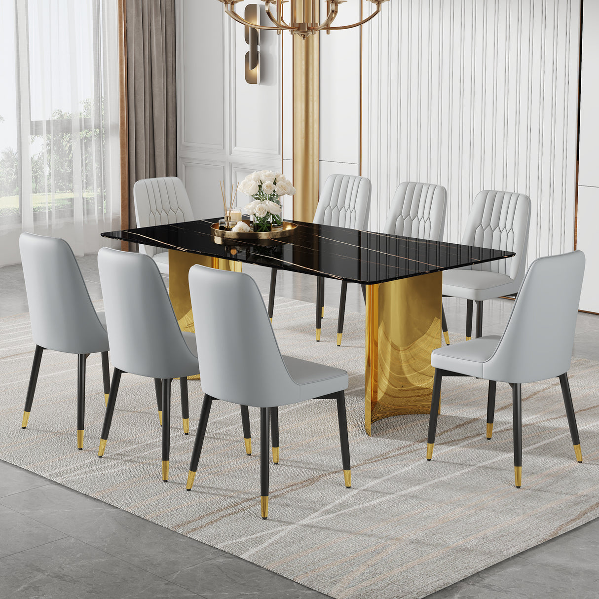 Table and chair set.The table has a glass top with imitation marble pattern stickers and stainless steel golden legs.Paried with 8 Light Gray chairs with PU cushions and black legs.W1151S01546
