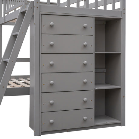 Wooden Twin Over Full Bunk Bed With Six Drawers And Flexible Shelves,Bottom Bed With Wheels,Gray(OLD SKU:LP000531AAE) - sold by Home Elegance USA