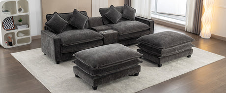 Modern Chenille Upholstered Sectional Sofa with Ottomans, USB Ports, Cup Holders, and Storage in Grey - sold by Home Elegance USA