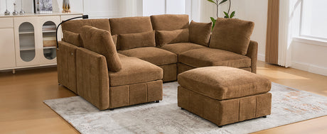 Modern Sectional Sofa Modular Sofa 85.4' U-shaped Sofa Couch with Movable Ottoman, USB Ports, Phone Holder, Brown Chenille - sold by Home Elegance USA