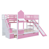 Full-Over-Full Castle Style Bunk Bed with 2 Drawers 3 Shelves and Slide - Pink - Home Elegance USA