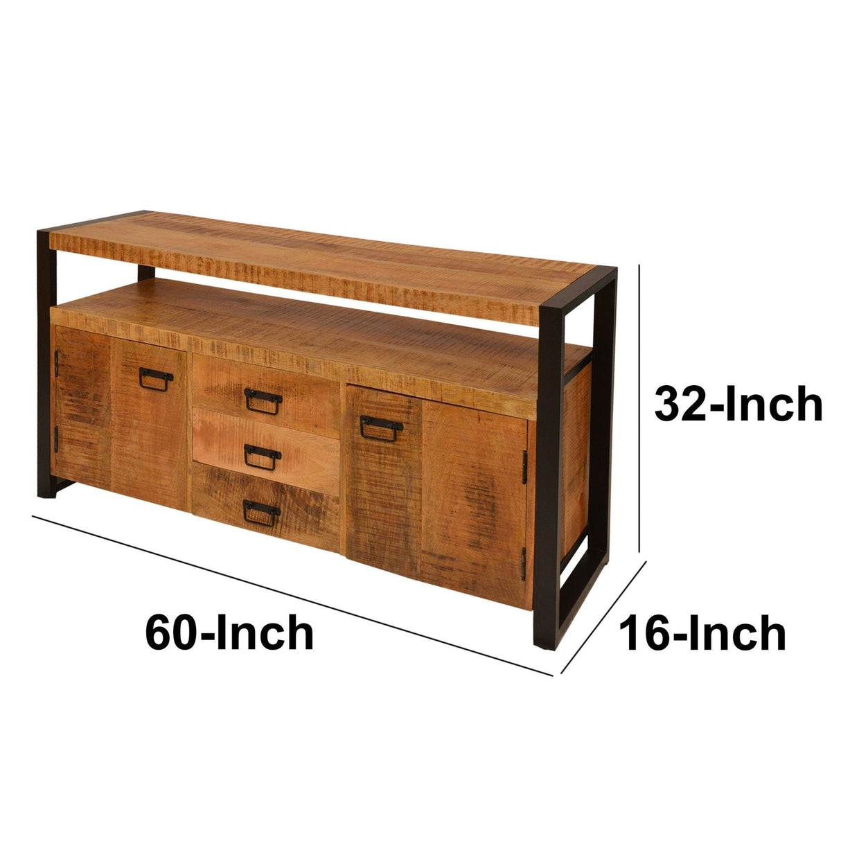 60 Inch 2 Door Mango Wood Media Console TV Stand, 3 Drawers, Brown and Black Home Elegance USA