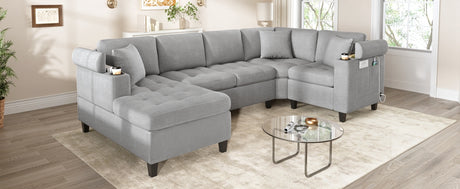 Modern U-shaped Sectional Sofa 115.7' Corner Living Room Couch with Built-in Cup Holders, Storage, USB Ports in Light Grey Chenille Fabric - sold by Home Elegance USA