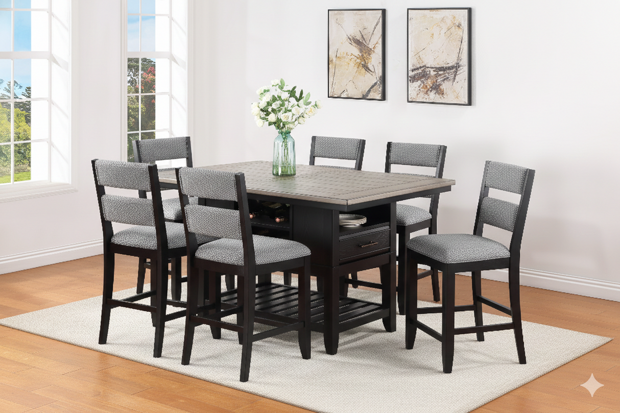 7pc Counter Height Dining Set Dark Finish Black Gray Brown Rectangular Table Wine Bottle Storage Upholstery Chairs Open Shelf Storage Drawer Wooden Solid Wood Furniture