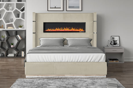 LIZZELLE Upholstery Wooden King 5 PC Bedroom set with Ambient lighting in Beige Velvet Finish(CA INVENTORY) - sold by Home Elegance USA