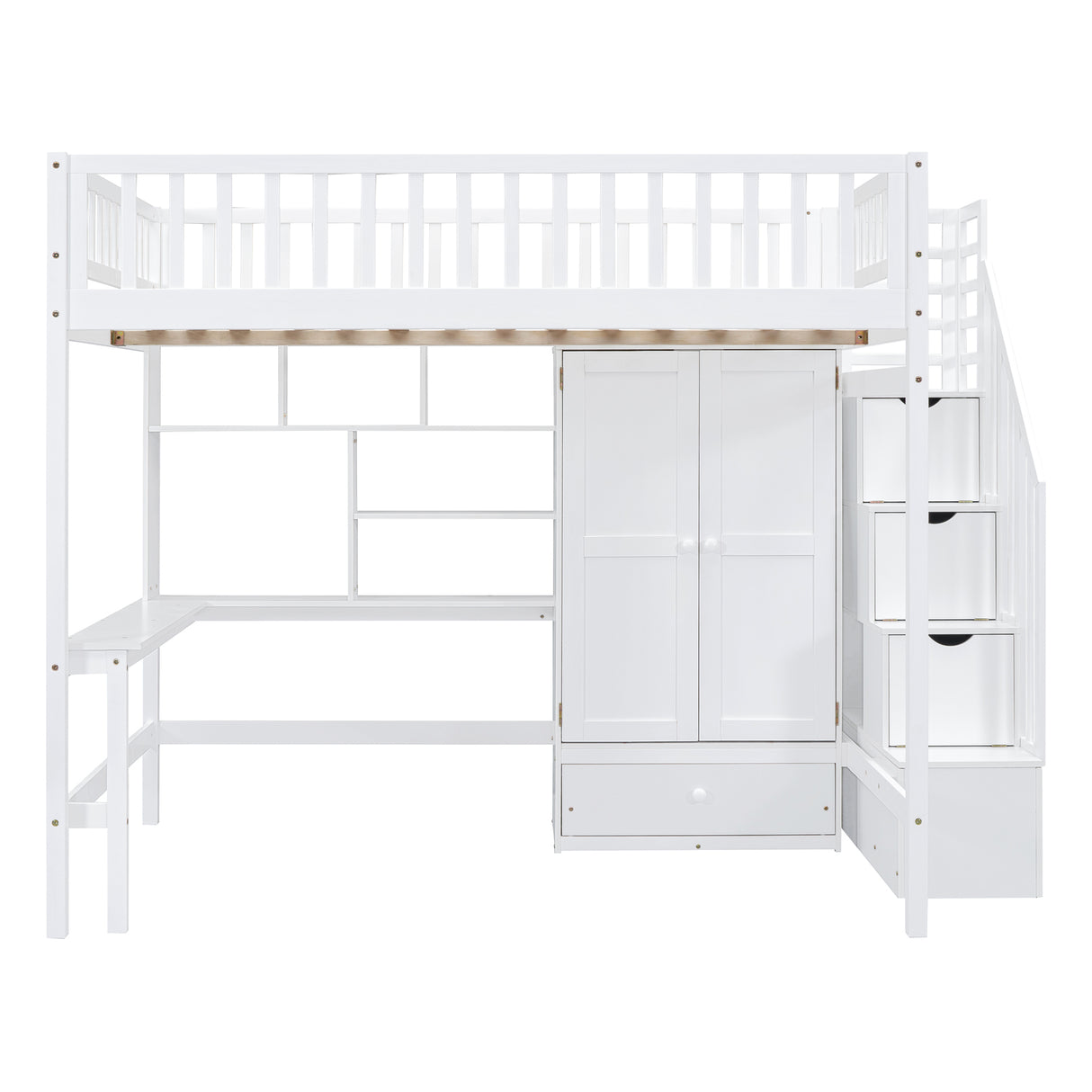 Full size Loft Bed with Bookshelf,Drawers,Desk,and Wardrobe-White - Home Elegance USA