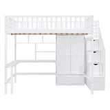 Full size Loft Bed with Bookshelf,Drawers,Desk,and Wardrobe-White - Home Elegance USA