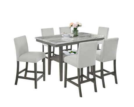 Selena 7-Piece 60' Gray Faux Marble Counter Height Dining Set with Storage Shelf & Light Gray Upholstered Chairs - sold by Home Elegance USA