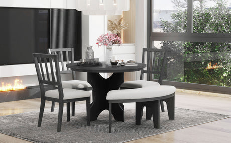 TREXM 5-piece Rustic Charm Round Dining Set with 3 Upholstered Chairs and Curved Bench for Dining Room, Kitchen and Living Room (Gray) - sold by Home Elegance USA