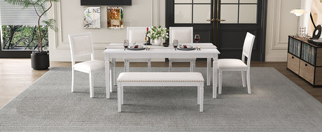 TREXM Vintage Extendable Dining Table Set for 6 with 4 Chairs & Bench, 59 to 72-Inch Rustic Farmhouse Kitchen Table Set with Distressed Finish and Retro Carved Legs (Washed White) - sold by Home Elegance USA