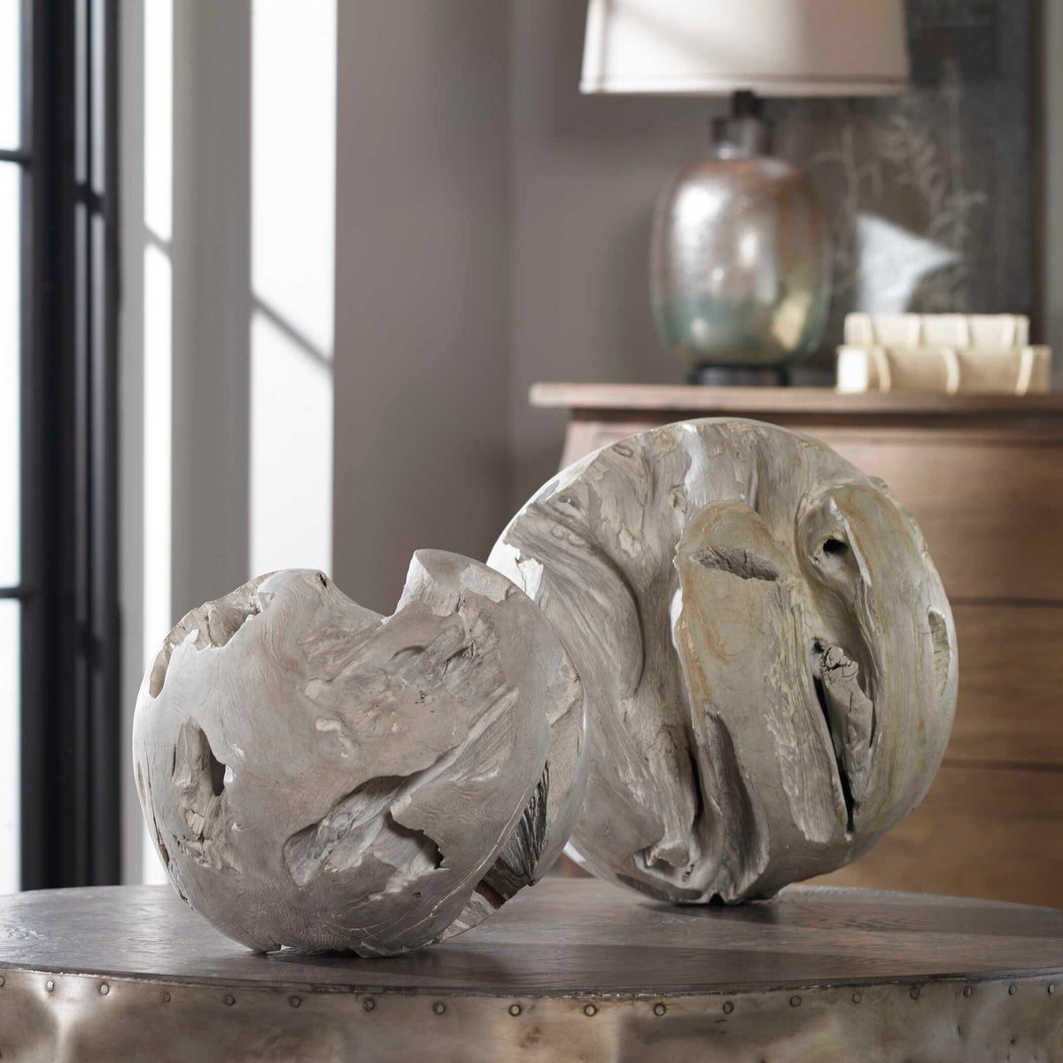 Ermanno Teak Balls (Set of 2) - Light Gray by Uttermost - View 2